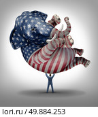 American republican vote election leadership symbol as an elephant with a painted flag of the United States with a person lifting up the animal as an icon of the conservative values in a voting campaign for president senator or congressman. Стоковое фото, агентство Ingram Publishing / Фотобанк Лори
