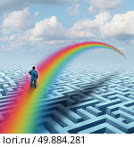 Excel concept as a creative solution to a challenge as a businessman crossing a complicated maze or labyrinth with a bridge made from a rainbow  as a success metaphor for visualizing a future accomplishment or virtual reality. Стоковое фото, агентство Ingram Publishing / Фотобанк Лори
