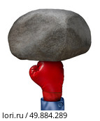 Power solution business concept as a red boxing glove punching a huge rock boulder as a success metaphor for overcoming obstacles and the problem of dealing with a burden isolated on a white background. Стоковое фото, агентство Ingram Publishing / Фотобанк Лори