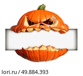 Halloween blank sign as a pumpkin character with human expression biting into and holding a blank banner with jack o lantern teeth as an advertising and marketing message with a scary expression during autumn isolated on a white background. Стоковое фото, агентство Ingram Publishing / Фотобанк Лори