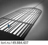 Feeling trapped in a prison concept as a person standing inside the cast shadow of a giant bird cage as a metaphor for business career frustration or human repression metaphor. Стоковое фото, агентство Ingram Publishing / Фотобанк Лори