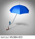 Career and job security path protection as an employee climbing a blue umbrella handle  shaped as a stairway path as a business metaphor and financial symbol for job safeguard or coverage support. Стоковое фото, агентство Ingram Publishing / Фотобанк Лори
