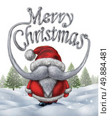 Merry christmas santa clause inscription as a funny santa with a white beard and mustache shaped as festive winter holiday typography text on a snow background with pine trees. Стоковое фото, агентство Ingram Publishing / Фотобанк Лори