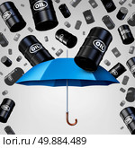 Falling oil protection concept as a group of crude petroleum barrels raining down with a blue umbrella as a security metaphor as a symbol for declining prices in fossil energy due to oversupply. Стоковое фото, агентство Ingram Publishing / Фотобанк Лори