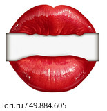 Lips blank sign as a symbol of communication from  a red lipstick mouth of a female that is biting down on a white banner with copy space as an icon for marketing and advertisig social messages isolated on a white background. Стоковое фото, агентство Ingram Publishing / Фотобанк Лори