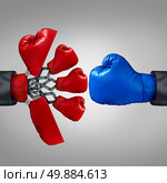 Strategy advantage and business competitiveness concept as a red boxing glove opening up to a secret weapon to reveal multiple team members to compete with another rival. Стоковое фото, агентство Ingram Publishing / Фотобанк Лори