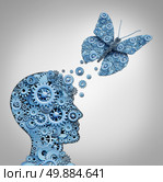 Human thinking and artificial intelligence concept as a technology symbol for a robot head and butterfly shaped with gears and machine cog wheels. Стоковое фото, агентство Ingram Publishing / Фотобанк Лори