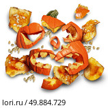 Pumpkin smashed on a white background as a concept and symbol for a halloween bash or harvesting time with broken pieces of orange jack o lantern flesh scattered on the floor and trick or treating safety risk icon. Стоковое фото, агентство Ingram Publishing / Фотобанк Лори