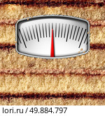Diet weight scale concept and counting calories symbol as a cake with a kilogram or pound measurement equipment as a metaphor for eating temptation. Стоковое фото, агентство Ingram Publishing / Фотобанк Лори