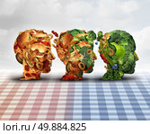 Changing diet healthy lifestyle achievement concept dieting progress change as a healthy lifestyle improvement symbol and evolving from unhealthy junk food to fresh fruits and vegetables shaped as a human head. Стоковое фото, агентство Ingram Publishing / Фотобанк Лори