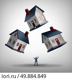 Real estate manager and house flipping and management concept as a person juggling three homes as a residence manager or property agent managing a business challenge for profit. Стоковое фото, агентство Ingram Publishing / Фотобанк Лори