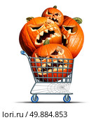 Halloween shopping concept and autumn seasonal business buying symbol as a shop cart with a group of jack o lantern pumpkins inside on a white background. Стоковое фото, агентство Ingram Publishing / Фотобанк Лори