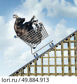 Stock market rise financial success concept as a bull in a shopping cart going up on a roller coaster structure as an investment metaphor and symbol for positive and aggressive sentiment. Стоковое фото, агентство Ingram Publishing / Фотобанк Лори