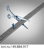 Work interruption concept and interrupted career path as a businessman on a road  that is being cut by scissors as a layoff metaphor and symbol for job and employment limits or cutting benefits and opportunity for promotion or advancement. Стоковое фото, агентство Ingram Publishing / Фотобанк Лори