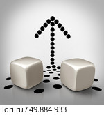 Dice arrow concept as a business symbol for taking control and increasing the odds of success for winning or planning a strategy to speculate on a new opportunity as the black pips or dots falling off the blank cubes to form a shape pointing up. Стоковое фото, агентство Ingram Publishing / Фотобанк Лори