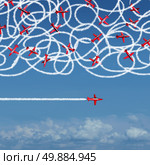 Private concept and pricacy business symbol as a group of confused jet planes creating a tangled mess ogfsmoke trails compared to a single focused airplane flying solo under the radar in a straight direction to success. Стоковое фото, агентство Ingram Publishing / Фотобанк Лори