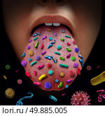 Mouth germs and contagious disease transmitting a virus infection with an open human mouth spreading dangerous infectious germs and bacteria while coughing during a cold or flu symptoms. Стоковое фото, агентство Ingram Publishing / Фотобанк Лори