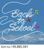 Back to school celebration symbol and taking flight concept as a group of airplanes creating a smoke trail shaped as text for returning to education and learning. Стоковое фото, агентство Ingram Publishing / Фотобанк Лори