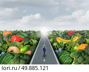 Eating healthy path concept as a person walking on a road with fruits and vegetables as an agriculture metaphor for organic market fresh health food or genetically modified produce. Стоковое фото, агентство Ingram Publishing / Фотобанк Лори