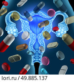 Fertility medicine and treating infertility concept through drugs and reproductive medication as pills and capsules floating over a human female uterus organ. Стоковое фото, агентство Ingram Publishing / Фотобанк Лори