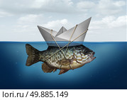 Resource optimization concept as a business symbol for utilization of resources to advance and upgrade a success strategy as a paper boat in water tied to a fish as an efficiency system solution. Стоковое фото, агентство Ingram Publishing / Фотобанк Лори