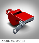 Whistleblower silence concept or intimidation symbol and whistle blower silenced to stay quiet as pressure to expose corruption as a red whistler with a closed zipper. Стоковое фото, агентство Ingram Publishing / Фотобанк Лори