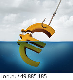 European tax concept and lower returns business idea as a three dimensional Euro currency sign in the water with a fishing hook pulling a portion of the financial symbol as a profit taking metaphor for inferior performance or taxation. Стоковое фото, агентство Ingram Publishing / Фотобанк Лори