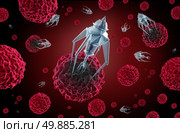 Nanotechnology medicine concept as a group of microscopic nano robots or nanobots programed to kill cancer cells or  human disease as a futuristic health care cure symbol. Стоковое фото, агентство Ingram Publishing / Фотобанк Лори