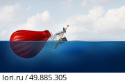 Problem Manager as a businessman in the water with a sunk hot air balloon paddling the failed vehicle towards a new destination as a business metaphor for recovery and to persevere when confronting a crisis. Стоковое фото, агентство Ingram Publishing / Фотобанк Лори