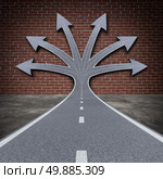 Obstacle solution direction business concept as a road facing a brick wall transforming into a group of arrow paths to overcome the adversity as a do not give up metaphor for persistent achievement success motivational symbol. Стоковое фото, агентство Ingram Publishing / Фотобанк Лори