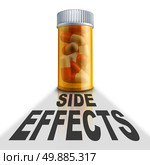 Prescription medication side effects and medicine adverse reaction to medical drugs concept as a pill bottle with a cast shadow with the words representing health care problems related to drug therapy. Стоковое фото, агентство Ingram Publishing / Фотобанк Лори