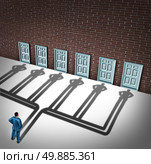 Businessman door choice concept as a person deciding to choose the right doorway with a cast shadow of multiple people from a group of entrance possibilities as a metaphore for increasing the odds of career success. Стоковое фото, агентство Ingram Publishing / Фотобанк Лори