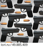 Gun and bullet background for legal social issues and firearm laws concept as a generic three dimensional handgun and bullets as a symbol for revolver owners and weapons possession. Стоковое фото, агентство Ingram Publishing / Фотобанк Лори