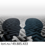 Relationship concept for group therapy or marriage counseling or employee relations as two human head shadows on a maze facing together as an icon of partnership solutions and personal crisis management. Стоковое фото, агентство Ingram Publishing / Фотобанк Лори