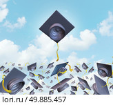Education excellence and higher learning success with graduation hats thrown in the air as a celebration with a leading mortar board higher than the competition as traditional hat toss for university and college students to rise above.

. Стоковое фото, агентство Ingram Publishing / Фотобанк Лори