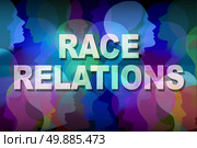 Race relations social issue concept as a group of people heads and faces of different colors with text as a symbol for multicultural relationship in society between ethnic groups and racial respect and understanding.. Стоковое фото, агентство Ingram Publishing / Фотобанк Лори