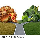 Diet dilemma decision concept and nutrition choices between healthy good fresh fruit and vegetables or greasy cholesterol rich fast food at a crossroad trying to decide what to eat for the best lifestyle choice. Стоковое фото, агентство Ingram Publishing / Фотобанк Лори