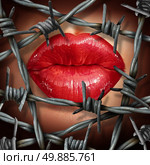 Cosmetic beauty product restrictions concept or banned relationship symbol as female lips with red lipstick behing hazardous barbed or barb wire as a metaphor for restricted and prohibited human love. Стоковое фото, агентство Ingram Publishing / Фотобанк Лори
