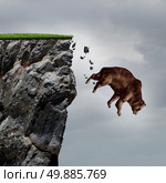 Falling bear market financial decline business and plummeting finance concept for losing investment and value taking a nose dive as a bear in a free fall  dive off a cliff as a bearish icon in a financial collapse and stock market crisis. Стоковое фото, агентство Ingram Publishing / Фотобанк Лори