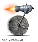 Technology upgrade business concept as an ancient stone wheel with a rocket engine or jet motor attached for increased speed and performance as a success metaphor for innovating on old ideas. Стоковое фото, агентство Ingram Publishing / Фотобанк Лори