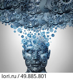 Upload your mind or uploading your brain concept as a human head made of mechanized gear and cog wheels being uploaded to a machine cloud server as an artificial intelligence symbol or neuroscience technology. Стоковое фото, агентство Ingram Publishing / Фотобанк Лори