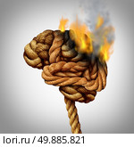Losing brain function and memory loss due to dementia and Alzheimer’s disease with the medical icon of a tangled rope shaped as a human thinking organ losing functionality by flames and fire burning part of the anatomy. Стоковое фото, агентство Ingram Publishing / Фотобанк Лори