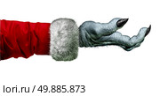 Miser monster and cheapskate scrooge hand symbol with wearing a red coat as an icon for winter holiday selfish behavior and selfishness isolated on a white background. Стоковое фото, агентство Ingram Publishing / Фотобанк Лори