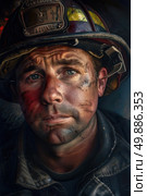 A detailed painting of a fireman in full gear, prominently displaying a red fire helmet. The firefighter is depicted in action, ready to respond to emergencies. Стоковое AI-изображение, AI-художник Данила Большаков / Фотобанк Лори