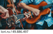 Two men sitting down, actively playing guitars. One man strums the guitar strings while the other follows along, creating music. Стоковое AI-изображение, AI-художник Данила Большаков / Фотобанк Лори