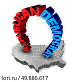 American election fight as Republican versus Democrat as two three dimensional text icons on a map of the United States fighting for the vote for presidential or government seats. Стоковое фото, агентство Ingram Publishing / Фотобанк Лори