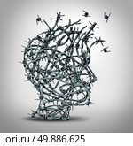 Anxiety solution and freedom from fear and escape from tortured thinking and depression concept as a group of tangled barbwire or barbed wire fence shaped as a human head breaking free as a metaphor for psychological or psychiatric icon. Стоковое фото, агентство Ingram Publishing / Фотобанк Лори
