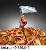 Junk food surrender and giving up fatty food or quitting a high fat lifestyle and dieting help concept as a hand holding a white flasg drowning in a heap of greasy fast food as a metaphor for changing eating habits by surrendering to diet advice. Стоковое фото, агентство Ingram Publishing / Фотобанк Лори