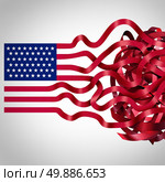 Government red tape concept and American bureaucracy symbol as an icon of the flag of the United States with the red stripes getting tangled in confusion as a metaphor for political and administration inefficiency. Стоковое фото, агентство Ingram Publishing / Фотобанк Лори
