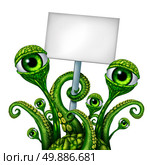 Space Alien Creature from outer space or a mutant holding a blank sign as a green creepy UFO icon presenting a message as a fantasy science fiction symbol. Стоковое фото, агентство Ingram Publishing / Фотобанк Лори